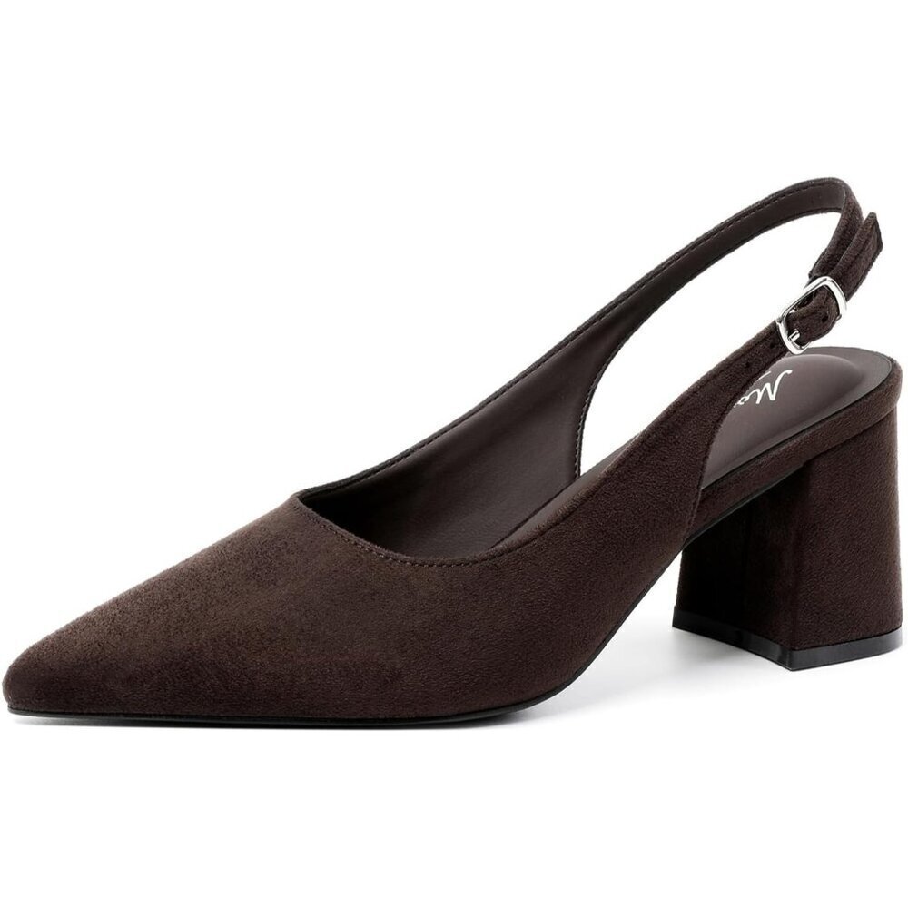 Women's Brown 3 Pointed Closed Toe Slingback Chunky Heels Office Work Pump Shoes